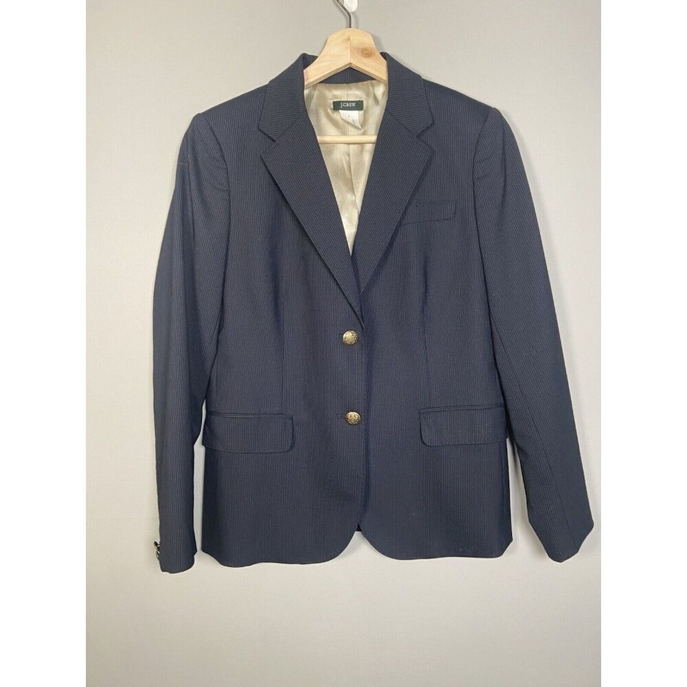 J Crew Pinstripe Wool Blazer Navy Blue Womens Jacket Two Button Size 6 Office